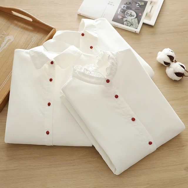 PANDAGO-Puff-Sleeve Plain Ruffle Trim Button-Up Shirt
