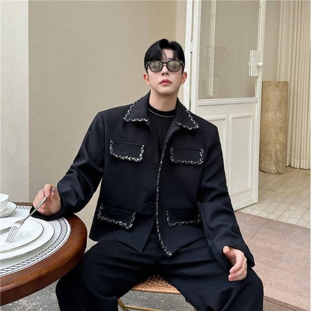 Freehop-Collared Contrast Trim Button-Up Jacket