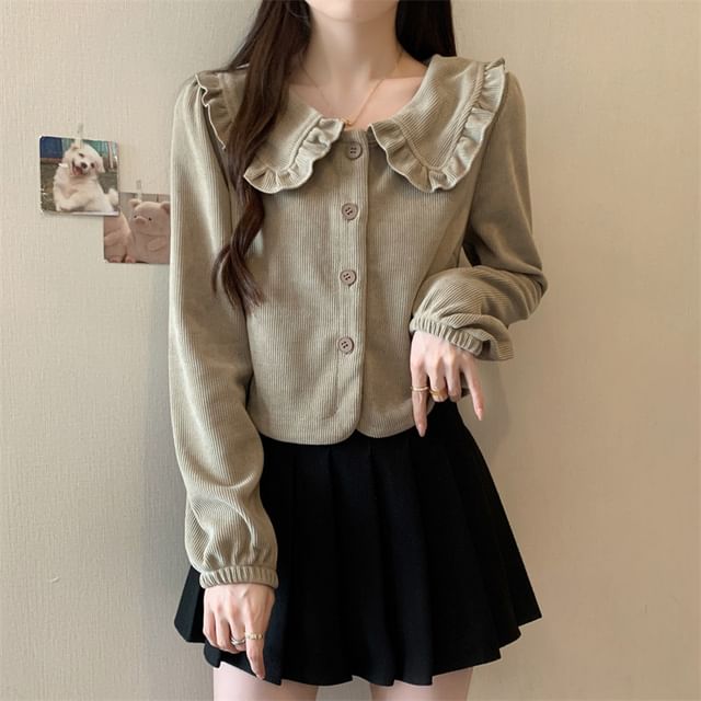 Cossita-Puff-Sleeve Plain Ruffle Trim Button-Up Blouse