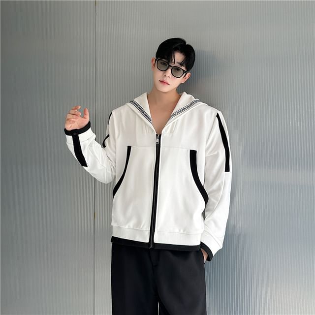 Freehop-Lapel Collar Contrast Trim Zip-Up Jacket