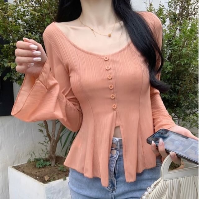 Magma-Long Sleeve Scoop Neck Plain Button Slit Ribbed Top