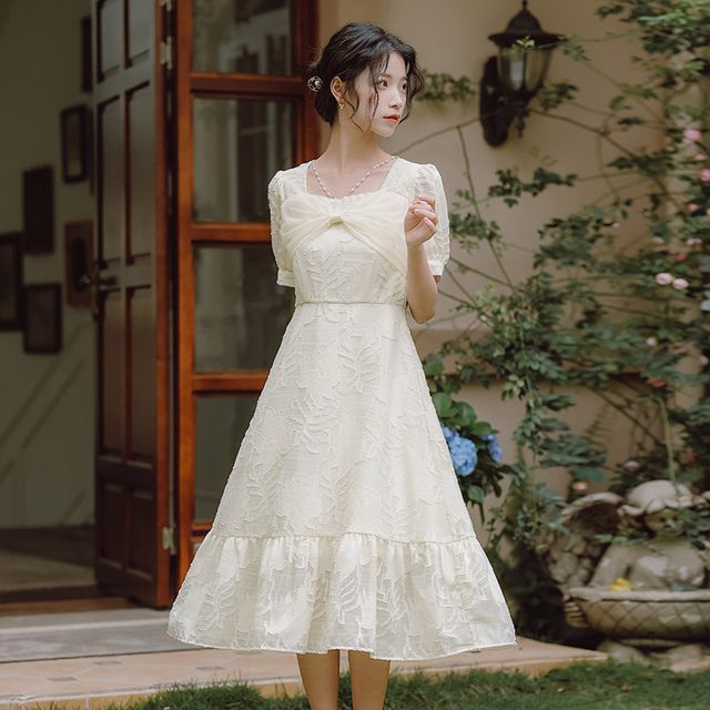 sansweet - Short-Sleeve Square-Neck Beaded Midi A-Line Dress | YesStyle