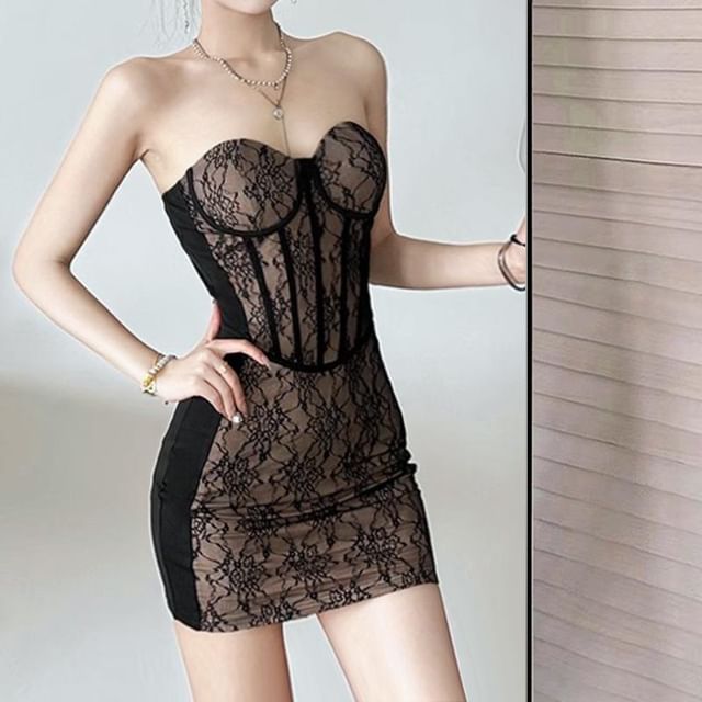 Allinya-Strapless Lace Mini Bodycon Dress