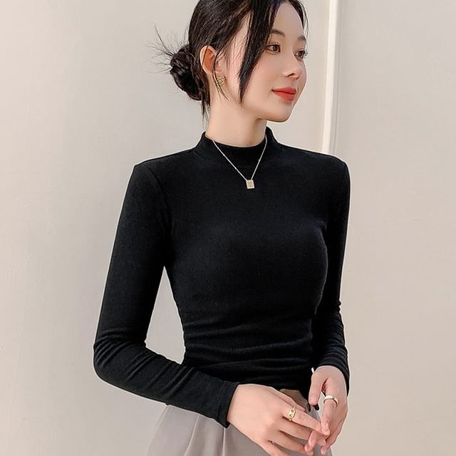 Dovitade-Long Sleeve Mock Neck Plain Tee