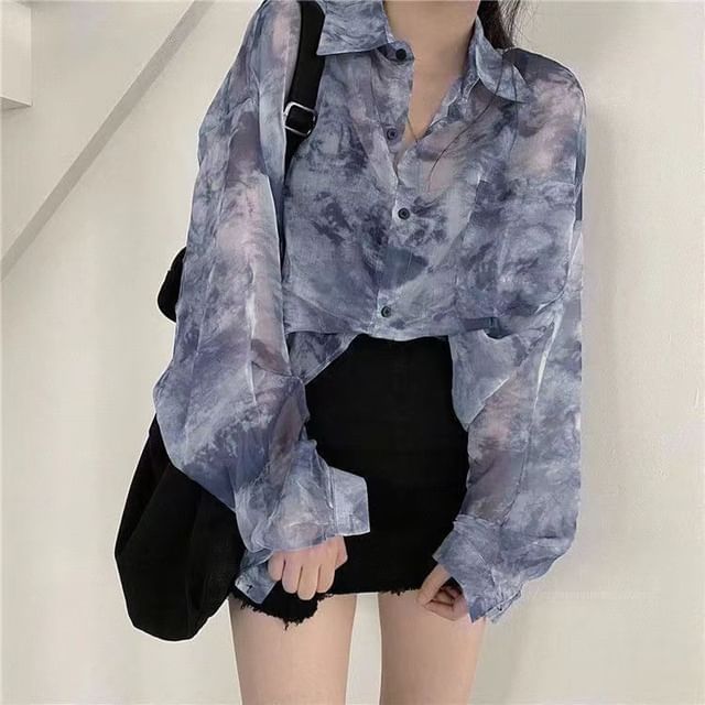 Everose-Tie-Dyed Button-Up Chiffon Shirt