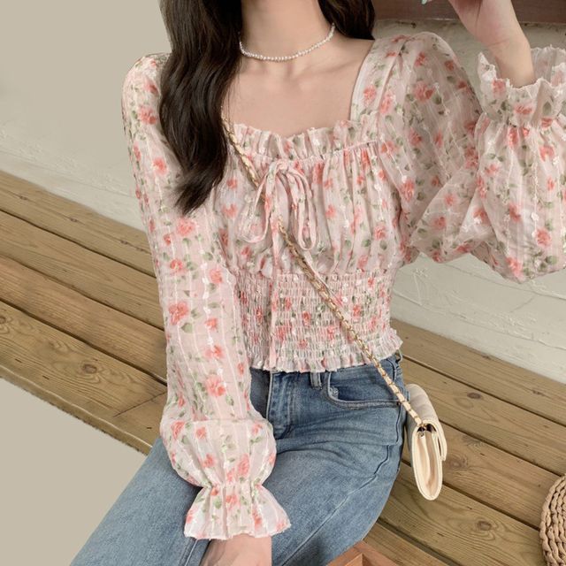 Seoul Crush - Square Neck Floral Cropped Blouse | YesStyle
