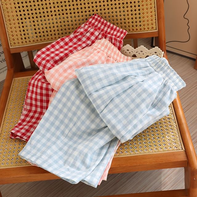 Dogini-Elastic Waist Gingham Pajama Pants