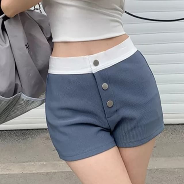monroll-High Waist Two Tone Button Fly Hot Pants