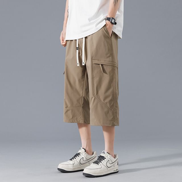 Dandyluxe-Drawstring Waist Plain Capri Straight Leg Cargo Pants