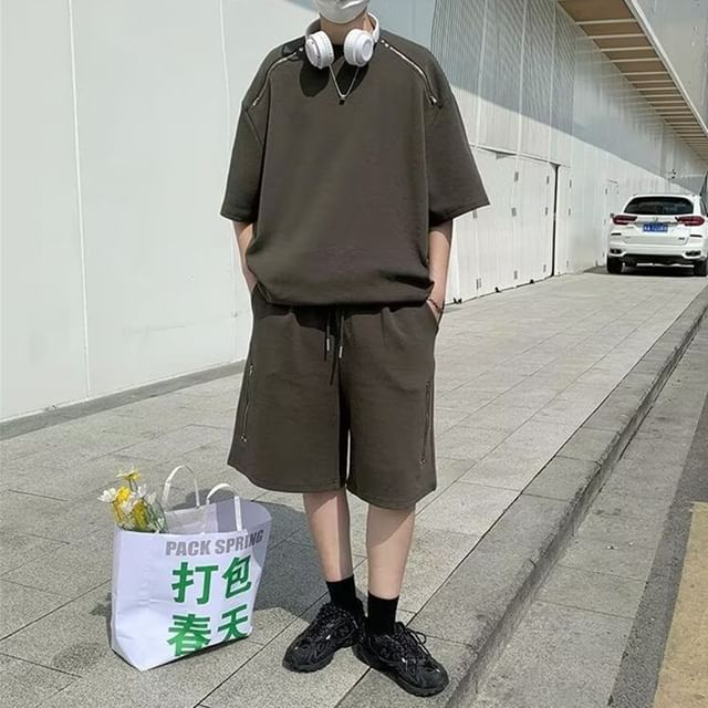 Jozev-Set Short-Sleeve Drop Shoulder Round Neck Plain Oversized T-Shirt Drawstring Waist Plain Shorts