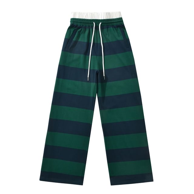 Asiris-Drawstring Waist Mock Two-Piece Striped Wide Leg Pants