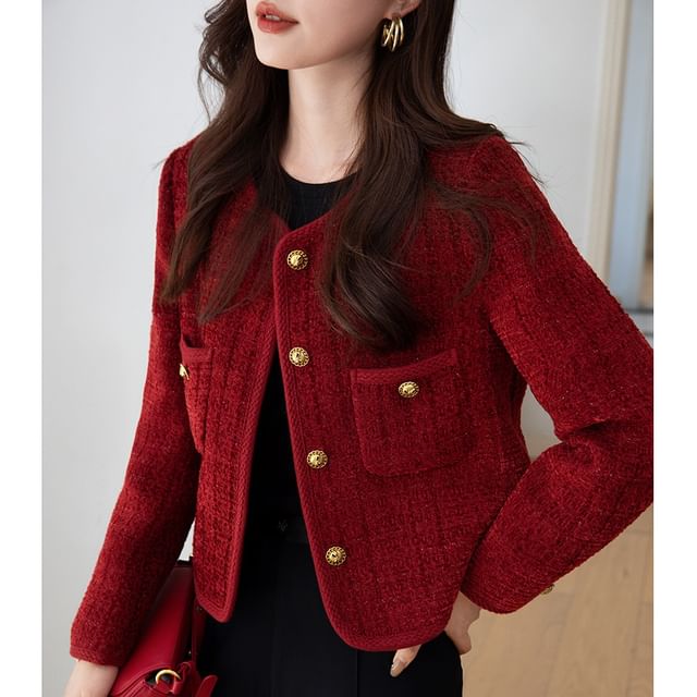 Jeonseon-Plaid Pocket Detail Single-Breasted Jacket