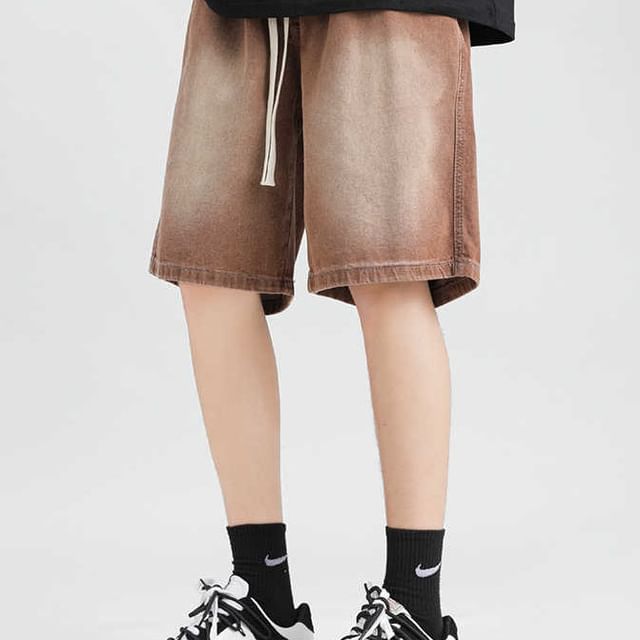 Adothuiastic-Drawstring Waist Washed Denim Bermuda Shorts