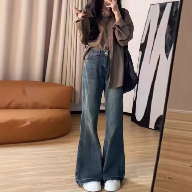 Wildfoea-High Waist Washed Frayed Flared Jeans