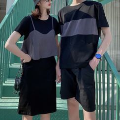 Azure - Couple Matching Short-Sleeve T-Shirt / Shorts / Short-Sleeve Mock Two-Piece Midi Dress