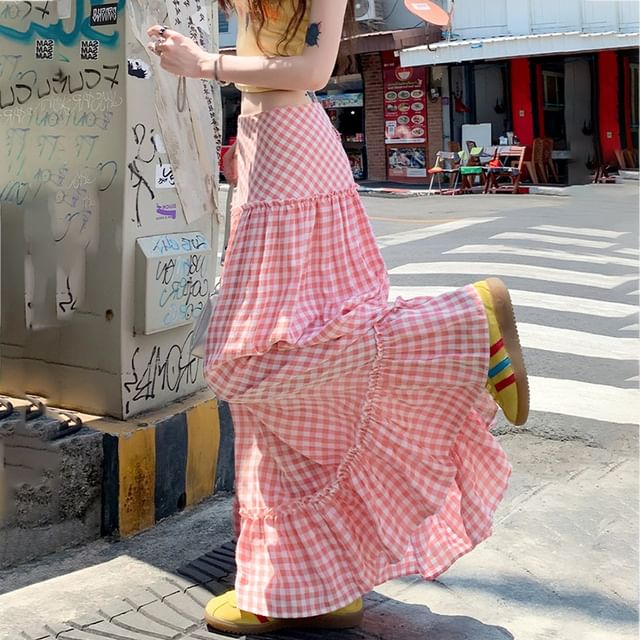 Isaaca-Mid Rise Plaid Ruffle Panel Maxi A-Line Skirt