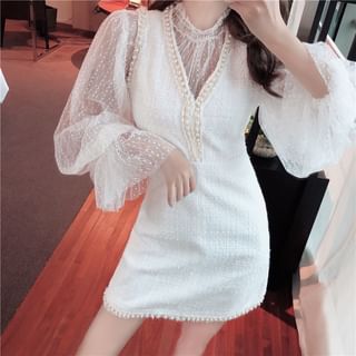 Symphious-Set Balloon-Sleeve Mesh Top Faux Pearl Tweed Overall Dress