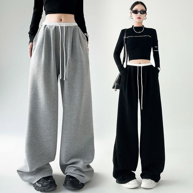 Jaqmine-Drawstring Waist Plain Contrast Trim Wide Leg Pants