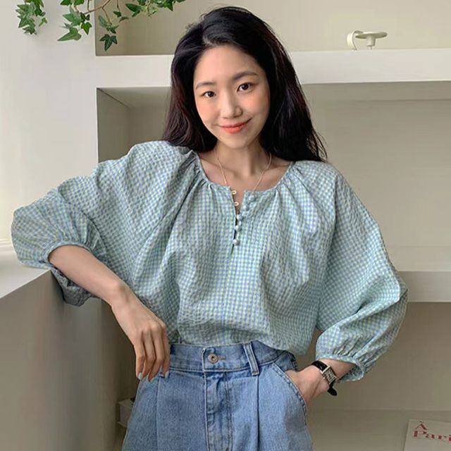 Everose-Long-Sleeve Henley Plaid Blouse