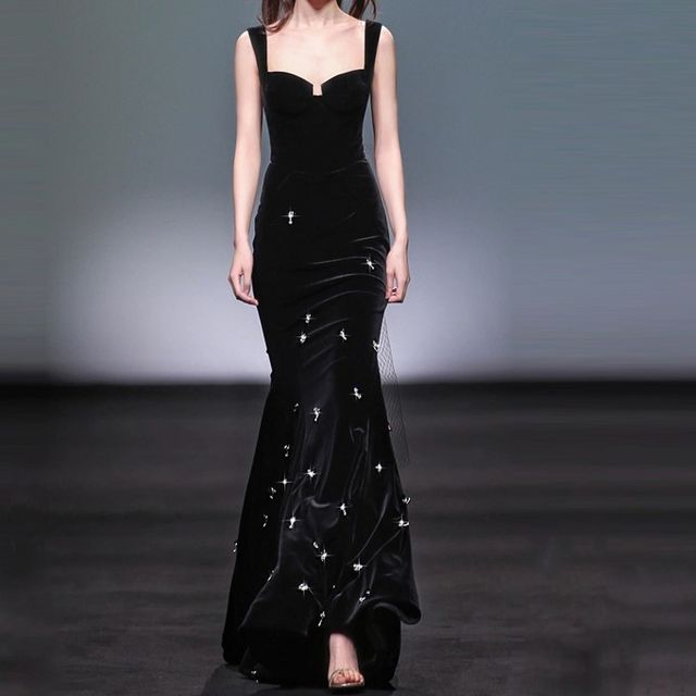 Pleated Sheath Square Neck Velvet Dresses With Slit Peacock