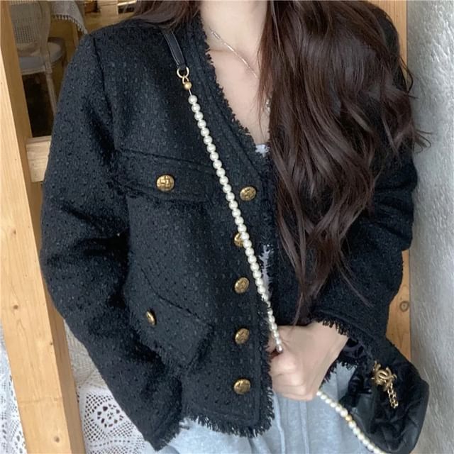 Cloud Nine-V-Neck Plain Fringed Tweed Crop Button Jacket