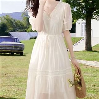 Everose-Elbow-Sleeve V-Neck Plain Perforated Drawstring Waist Midi A-Line Dress