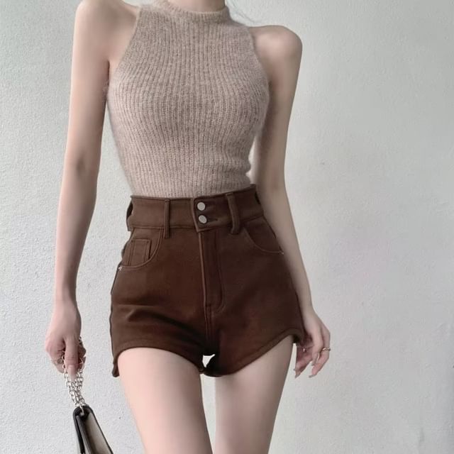 Wildfoea-High Waist Plain Denim Shorts