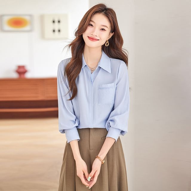 Skyheart-Long Sleeve Collared Plain Shirt