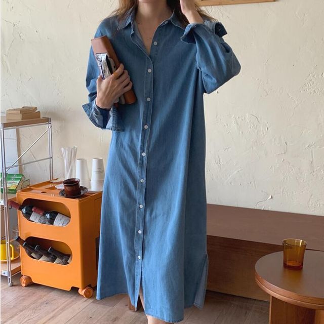 Brigitte Long-Sleeve Loose Fit Denim Shirt Dress YesStyle