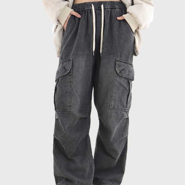 INStudio-High-Waist Drawstring Wide-Leg Cargo Jeans