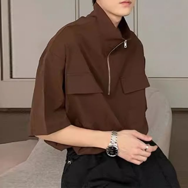 Nightbell-Elbow-Sleeve Half-Zip Plain Shirt