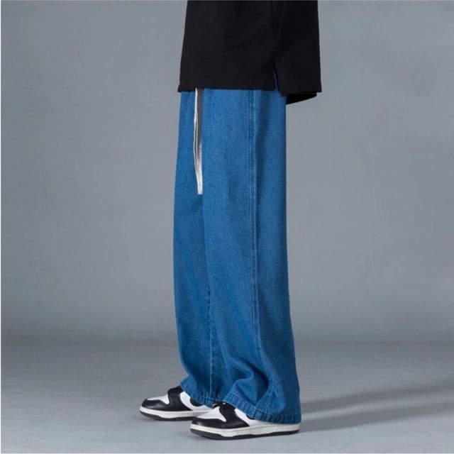 Femilina-Drawstring Waist Wide Leg Jeans