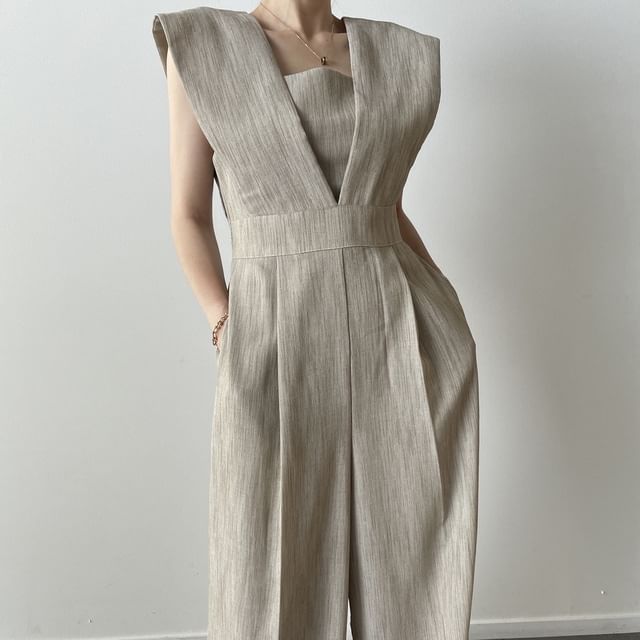 Lewwe-Cap-Sleeve Square Neck Wide Leg Jumpsuit