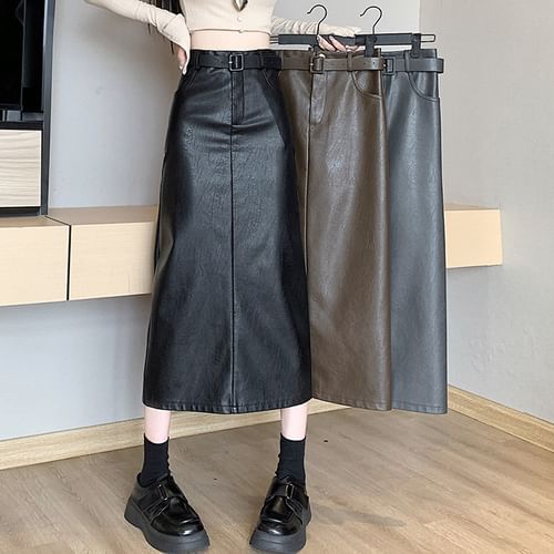 Seven Fairies High Waist Faux Leather Midi A Line Skirt YesStyle