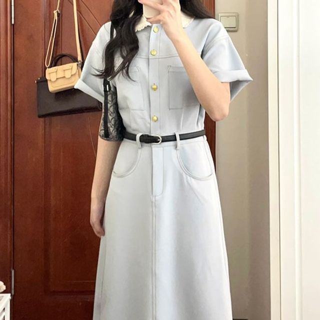 HW Studio - Short-Sleeve Collared Plain Midi A-Line Dress | YesStyle