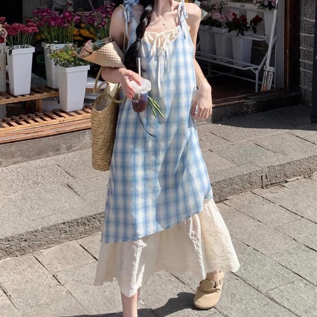 Trendycas Spaghetti Strap Scoop Neck Mock Two-Piece Plaid