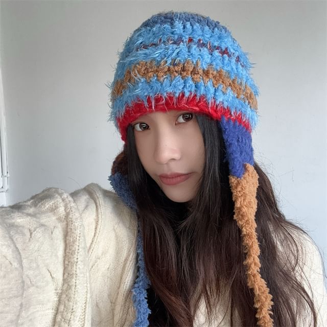 4-4 STUDIO-Striped Knit Bonnet Hat