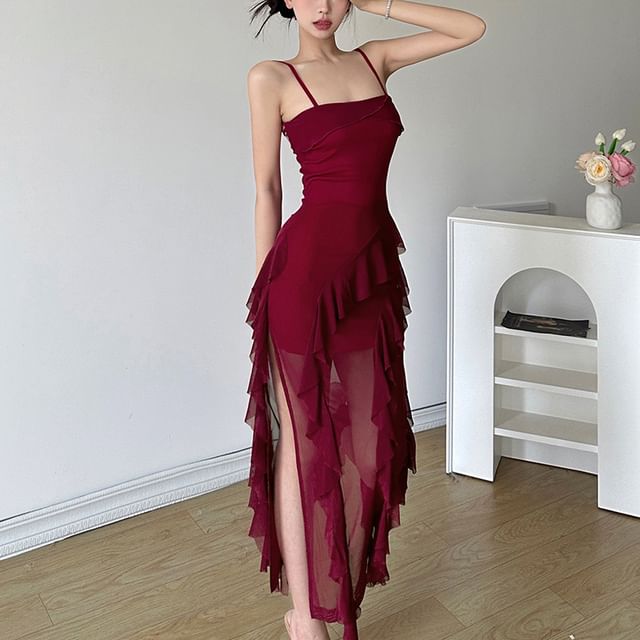 chinese dress ladies Here for Love Off Shoulder Mesh Maxi Dress Red Size M