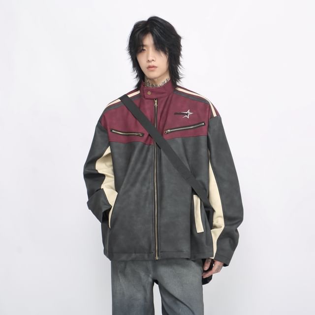 Derbundy-Stand Collar Faux Leather Color Block Zip Jacket