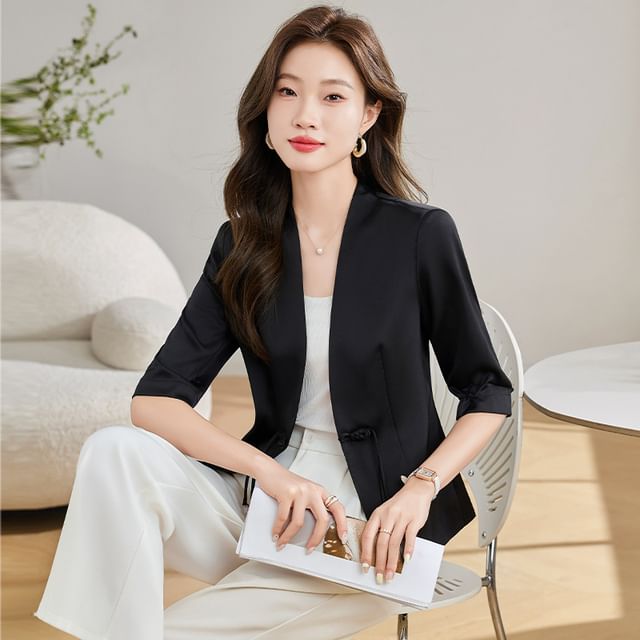 Skyheart-34-Sleeve V-Neck Plain Frog Buttoned Satin Blazer