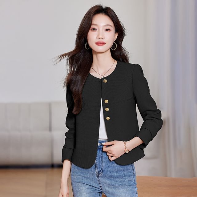 Skyheart-Crew Neck Button-Up Plain Jacket