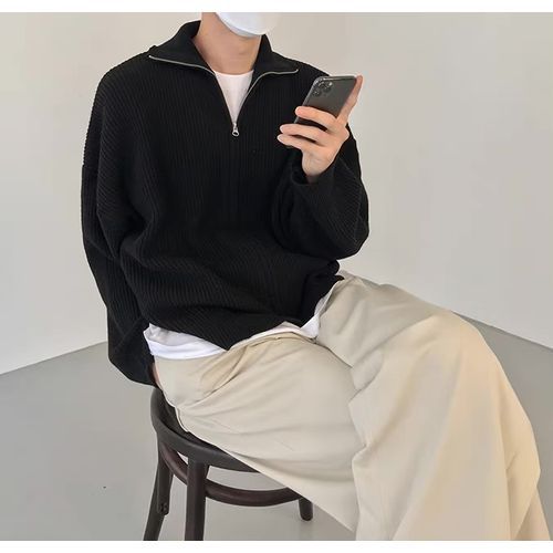 Adothuiastic - Long-Sleeve Plain Half-Zip Ribbed Sweater | YesStyle