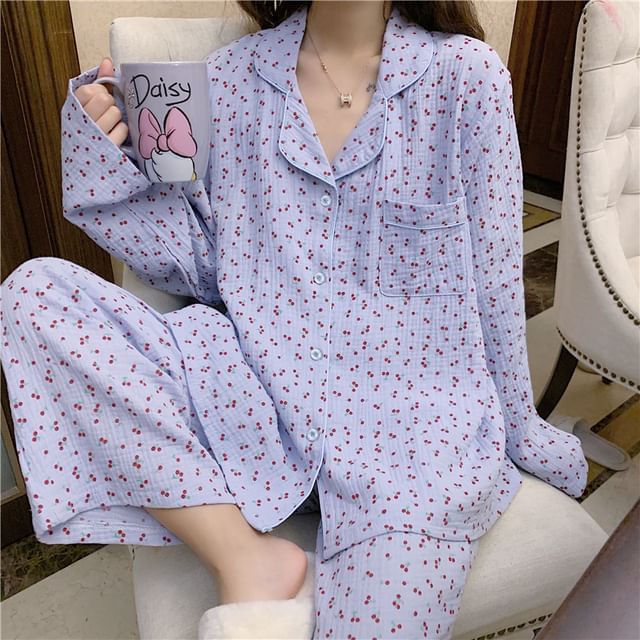Tanee - Pajama Set: Cherry Print Long-Sleeve Top + Pants | YesStyle