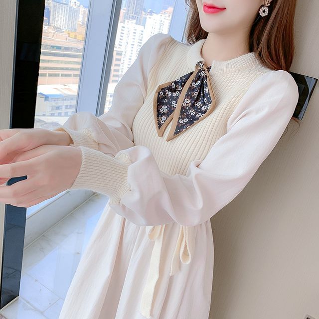 Nozim - Long-Sleeve Tie-Neck Knit Panel Midi A-Line Dress | YesStyle