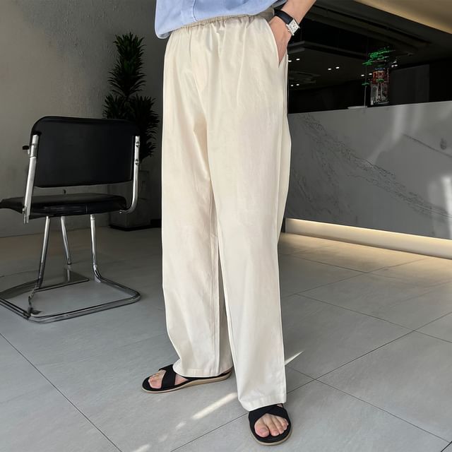 mopagrati-Drawstring Waist Plain Straight Leg Pants