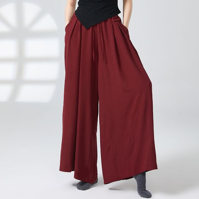 Cossita-Drawstring Waist Plain Wide Leg Pants