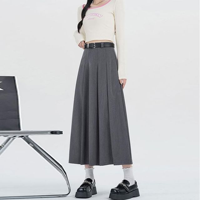 Woohan-High Rise Plain Midi A-Line Skirt