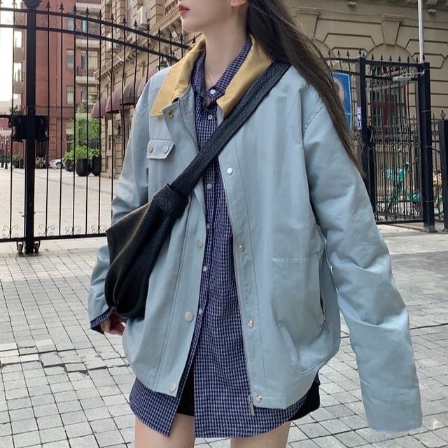 monroll-Lapel Collar Patchwork Plain Shirt Jacket