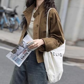 Jeonseon-Stand Collar Plain Panel Button Denim Jacket