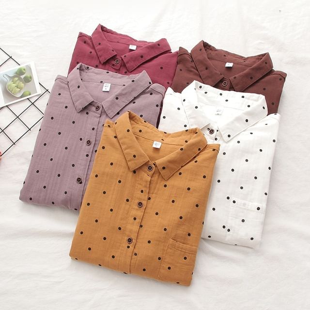 PANDAGO-Long Sleeve Collared Polka Dot Shirt